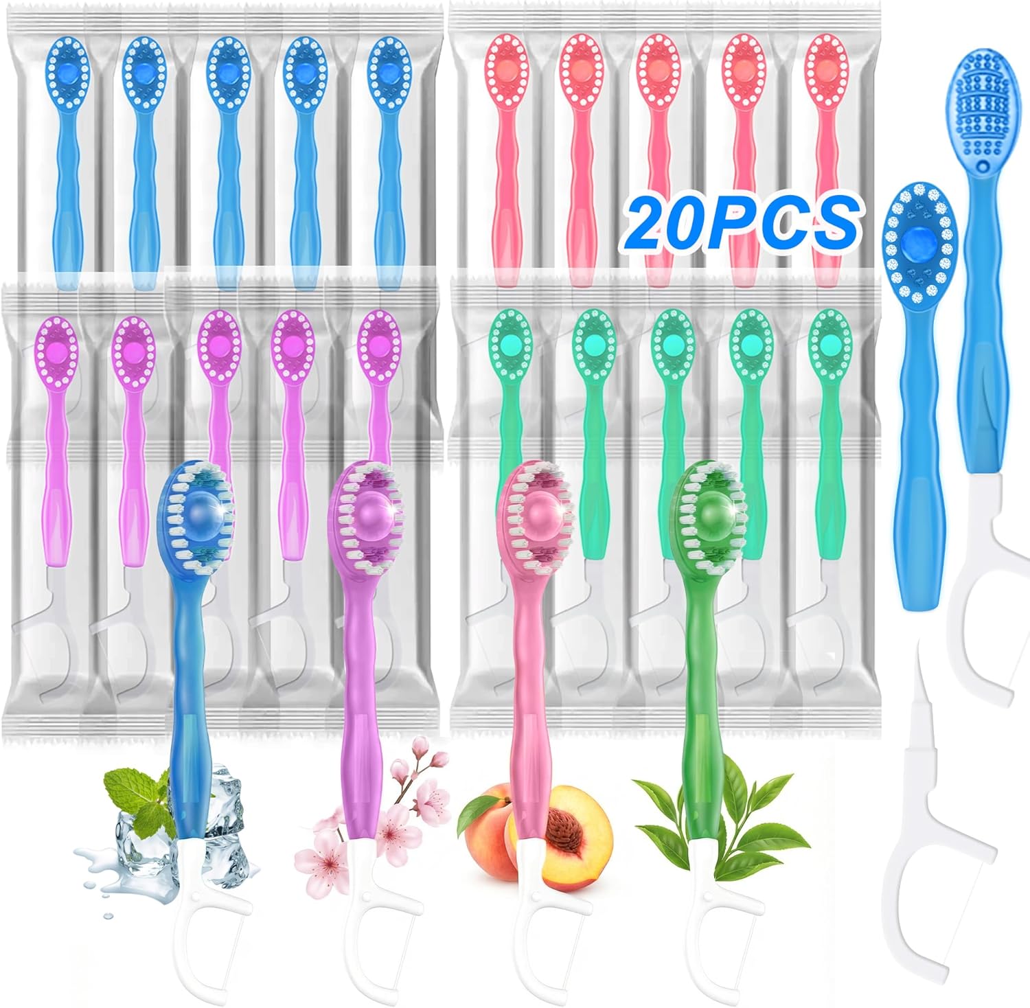 20 Pack 5-in-1 Disposable Toothbrushes with Toothpaste, Travel Toothbrush Set with Floss, Pick & Tongue Scraper, Individually Wrapped Mini Toothbrush for Adults, Work Camping - Mixed Flavor