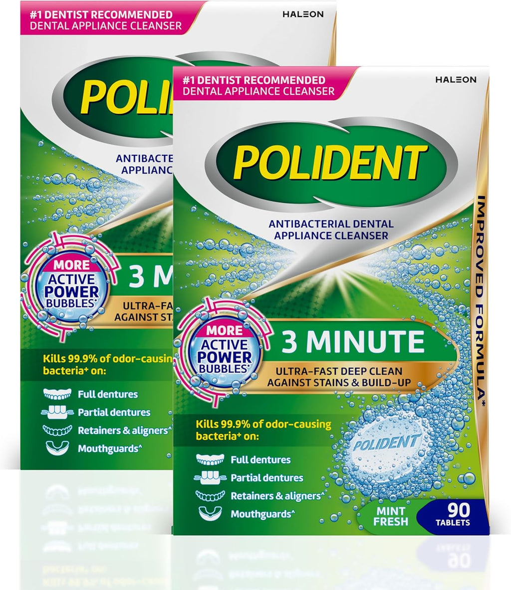 Polident 3 Minute Antibacterial Dental Appliance Cleanser Tablets, Retainer Cleaner Tablets, 90 Count (2 Pack)