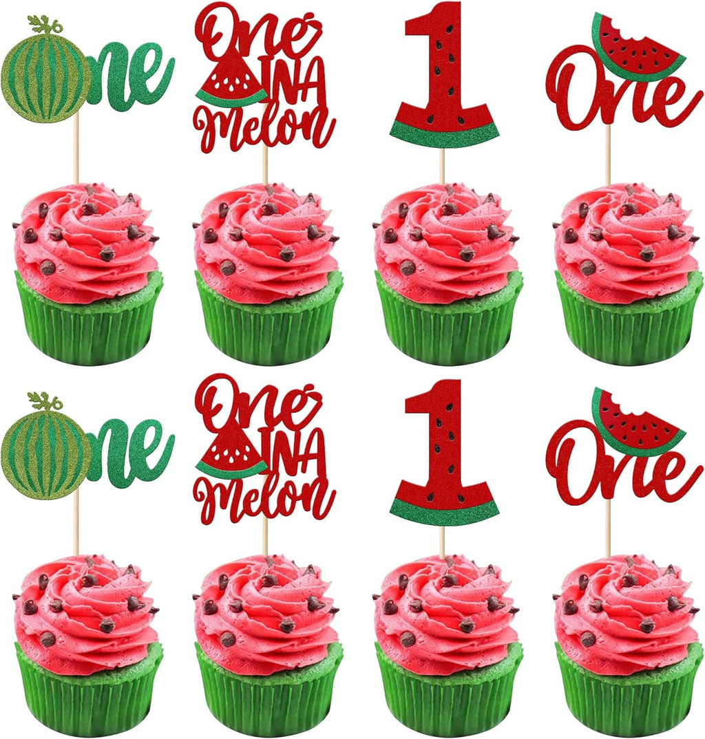 Rsstarxi 24 Pack Glitter Watermelon Cupcake Toppers One in a Melon Cupcake Picks Decorations for First Birthday Watermelon Themed Baby Shower Kids 1st Birthday Party Cake Decorations