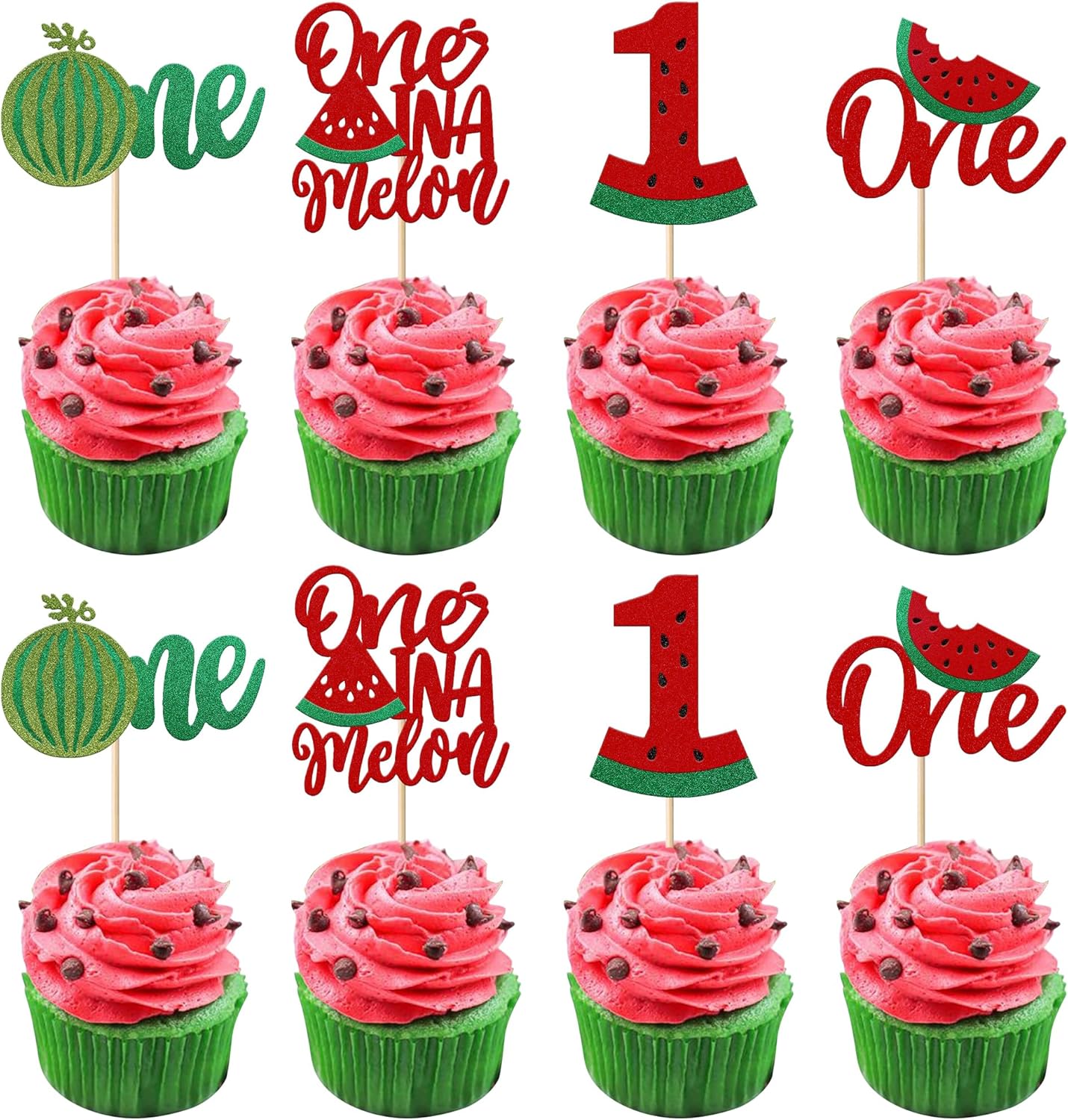 Rsstarxi 24 Pack Glitter Watermelon Cupcake Toppers One in a Melon Cupcake Picks Decorations for First Birthday Watermelon Themed Baby Shower Kids 1st Birthday Party Cake Decorations