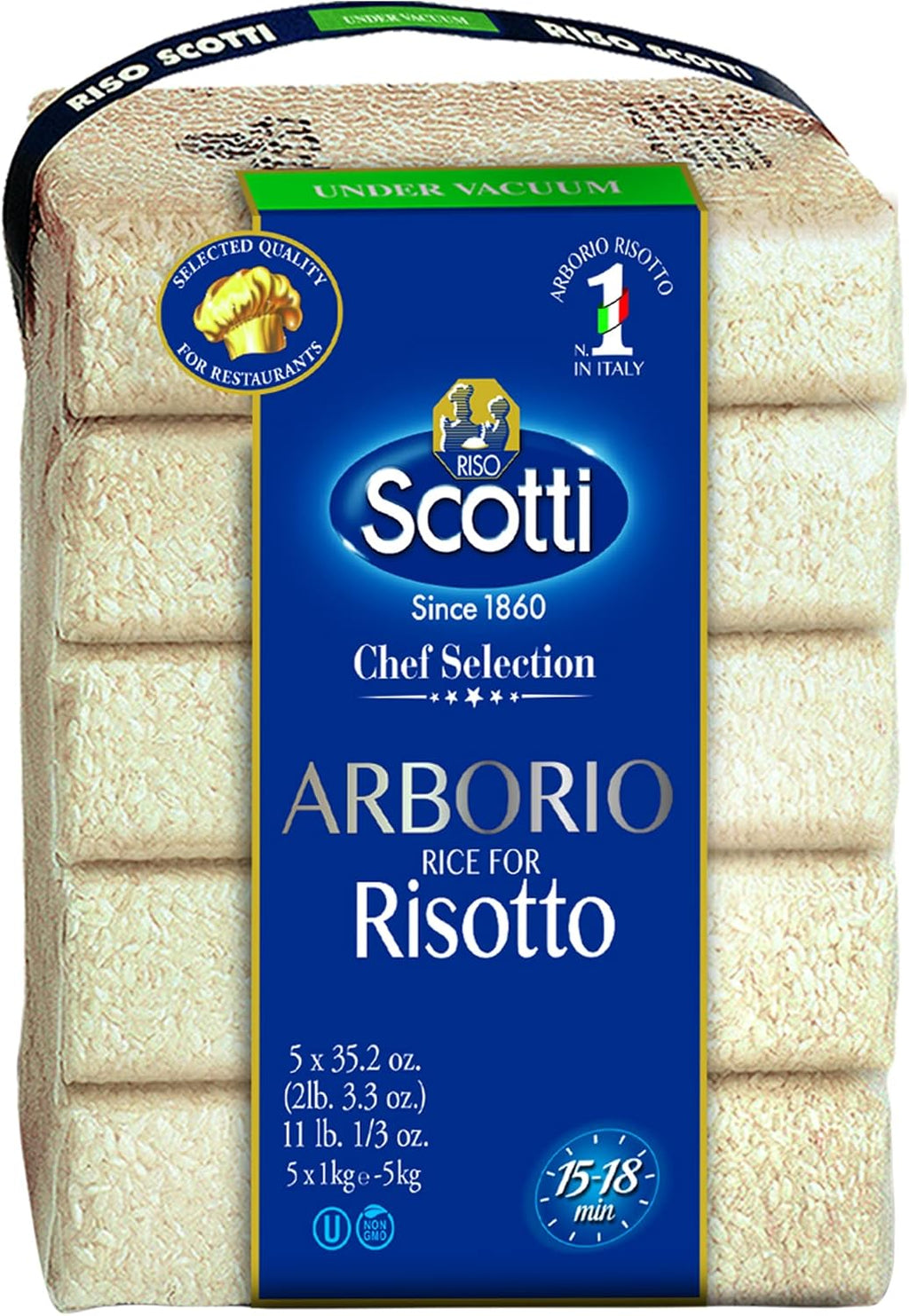 Riso Scotti Arborio Rice for Risotto, 11 lbs (5x1 kg) Product of Italy, Chef Selection, Gluten Free, Non-GMO, Vacuumed Packed