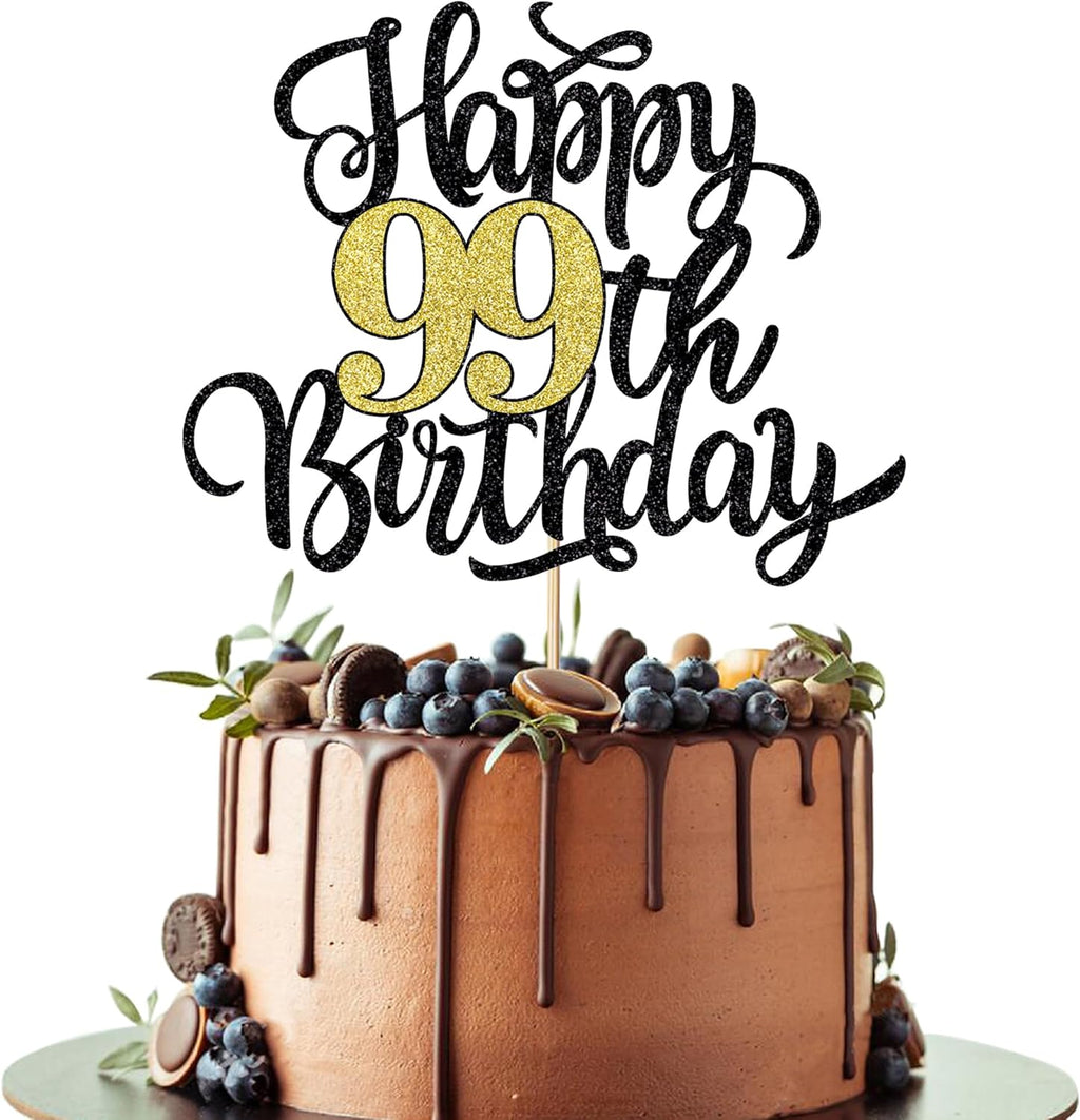 Happy 99th Birthday Cake Topper, Black Gold Glitter Birthday Cake Topper, 99th Anniversary/ 99th Birthday Party Decoration Supplies