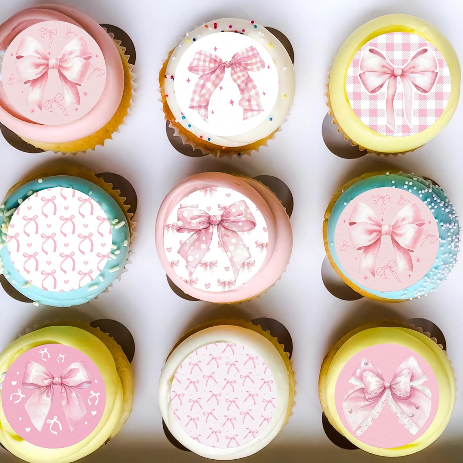 36PCS Edible Bow Cupcake Toppers Wafer Paper Bowknot Cake Decoration She is Trying the Knot Cupcake Toppers Edible Coquette Bows for Bow Theme Birthday Party Decoration Supplies (Pink Round)