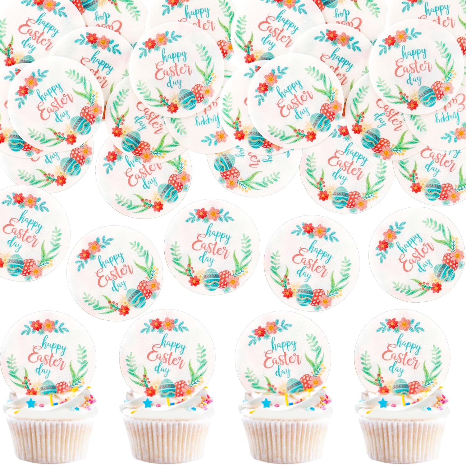 Ercadio 40Pcs Edible Circle Happy Easter Day Cupcake Drink Toppers Round Floral Easter Cupcake Picks for Easter Baby Shower Spring Birthday Party Cake Decorations Supplies