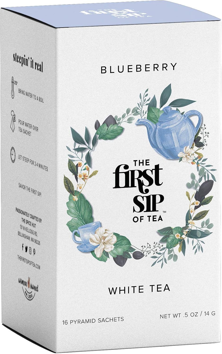 Blueberry White Tea, Pyramid Sachet Tea Bags, Bai Mu Dan, Low-Caffeine, Antioxidant rich, Hot & Iced Tea - 16 Cups | The Spice Hut, First Sip Of Tea