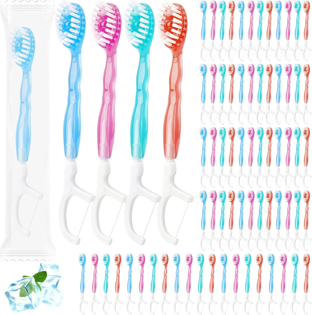 72 Pcs Individually Wrapped Mini Toothbrushes Bulk 5-in-1 Disposable Portable Toothbrushes with Mint Toothpaste Tongue Scraper Floss Pick for Home Travel Hotel Post-Meal Cleaning
