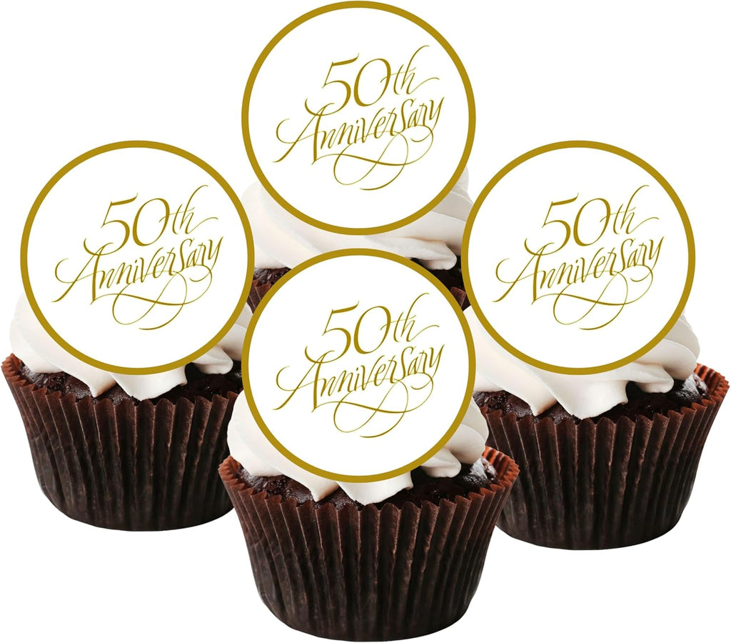 Golden 50th Wedding Anniversary Edible Wafer Card Cupcake Decorations for Special Milestone Celebrations, 24 x 1.77 Inch 4.5cm Uncut