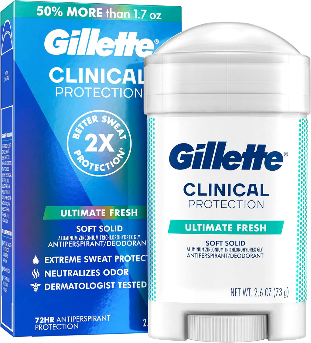 Gillette Clinical Antiperspirant and Deodorant for Men, 72hr Sweat & Odor Protection, Long Lasting Freshness, Anti-White Mark Technology, Gentle on Skin, Soft Solid, Ultimate Fresh Scent, 2.6 oz