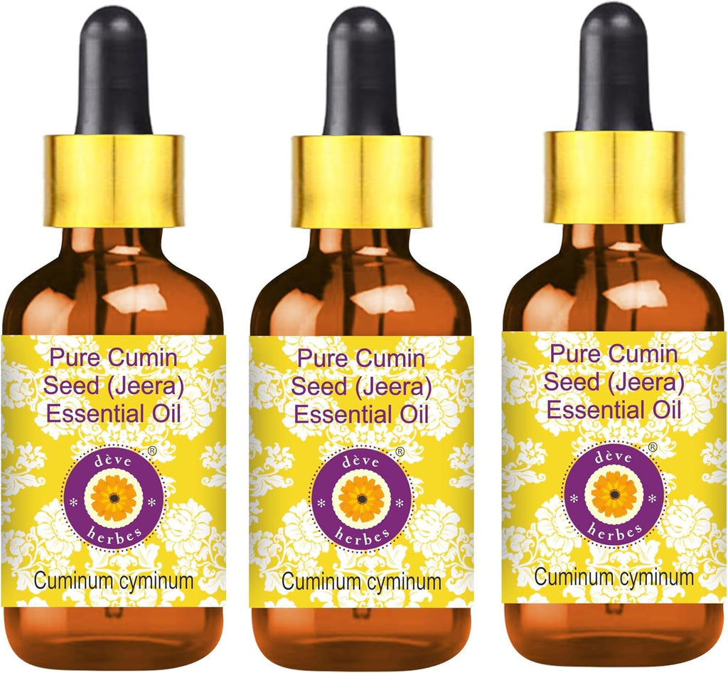 Deve Herbes Pure Cumin Seed Essential Oil (Cuminum cyminum) with Glass Dropper Steam Distilled (Pack of Three) 100ml X 3 (10 oz)