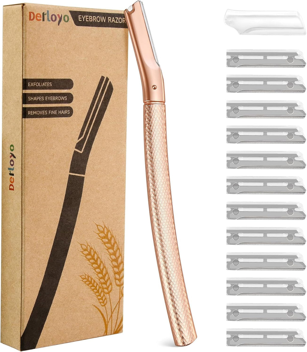 Eyebrow Razor-Face Razors for Women-Dermaplaning Tool for Face Exfoliation & Peach Fuzz with 12 Refill Blades-Facial Dermaplane Razors Shaver-Rose Gold