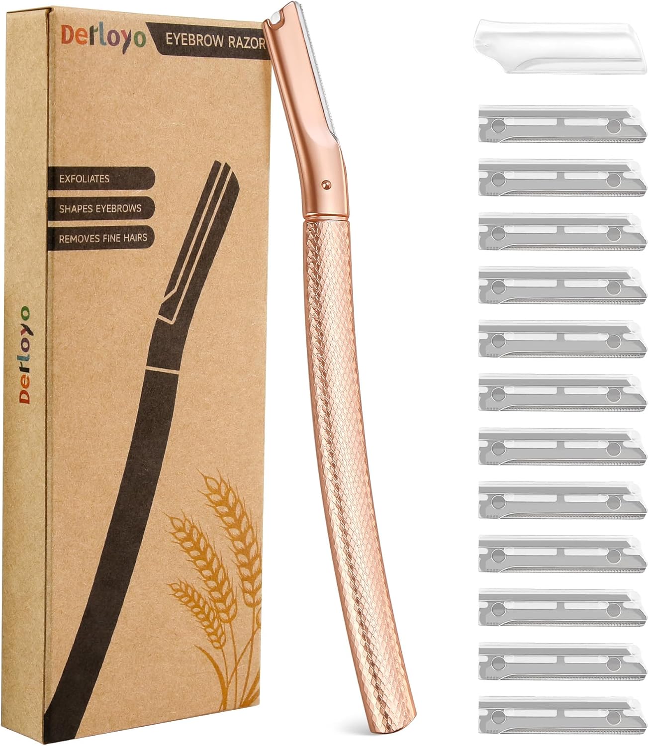 Eyebrow Razor-Face Razors for Women-Dermaplaning Tool for Face Exfoliation & Peach Fuzz with 12 Refill Blades-Facial Dermaplane Razors Shaver-Rose Gold