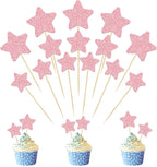 30 Pcs Star Cupcake Toppers, Mixed Size Glitter Starlet Cake Decorations for Various Birthday Party Cake Decoration Supplies - Pink