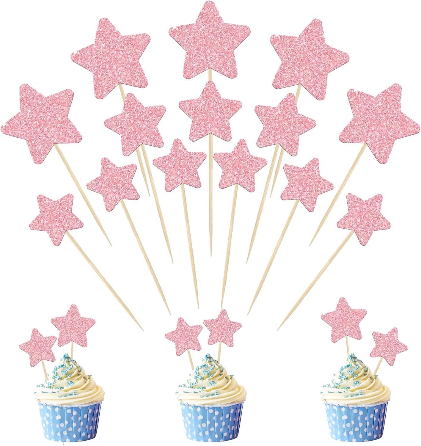 30 Pcs Star Cupcake Toppers, Mixed Size Glitter Starlet Cake Decorations for Various Birthday Party Cake Decoration Supplies - Pink