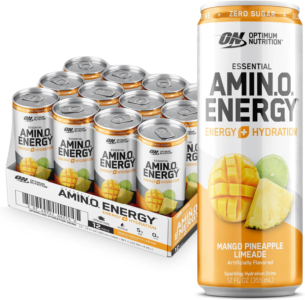 Optimum Nutrition Amino Energy Sparkling Hydration Drink, Electrolytes, Caffeine, Amino Acids, BCAAs, Sugar Free, Mango Pineapple Limeade, 12 Fl Oz, 12 Pack (Packaging May Vary)