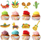 24 Pcs Fiesta Cupcake Toppers Glitter Mexican Cupcake Toppers Taco Castus Cake Decorations for Mexican Party Decorations Fiesta Theme Birthday Party Supplies