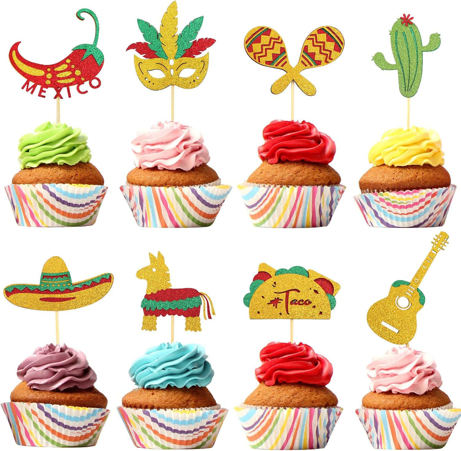 24 Pcs Fiesta Cupcake Toppers Glitter Mexican Cupcake Toppers Taco Castus Cake Decorations for Mexican Party Decorations Fiesta Theme Birthday Party Supplies