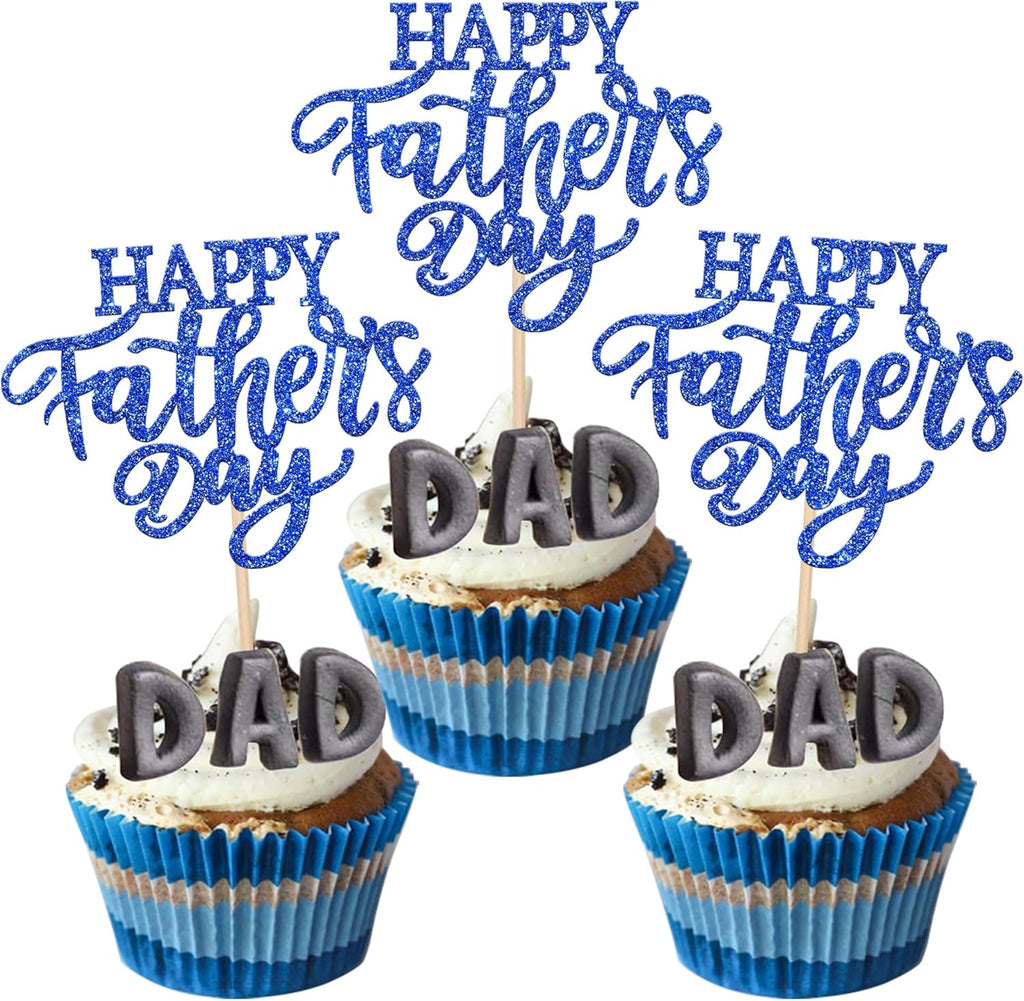 Rsstarxi 24 Pack Happy Father's Day Cupcake Toppers Glitter Love Daddy Best Father Super Dad Cupcake Picks for Happy Father's Day Birthday Party Cake Decorations Supplies Blue