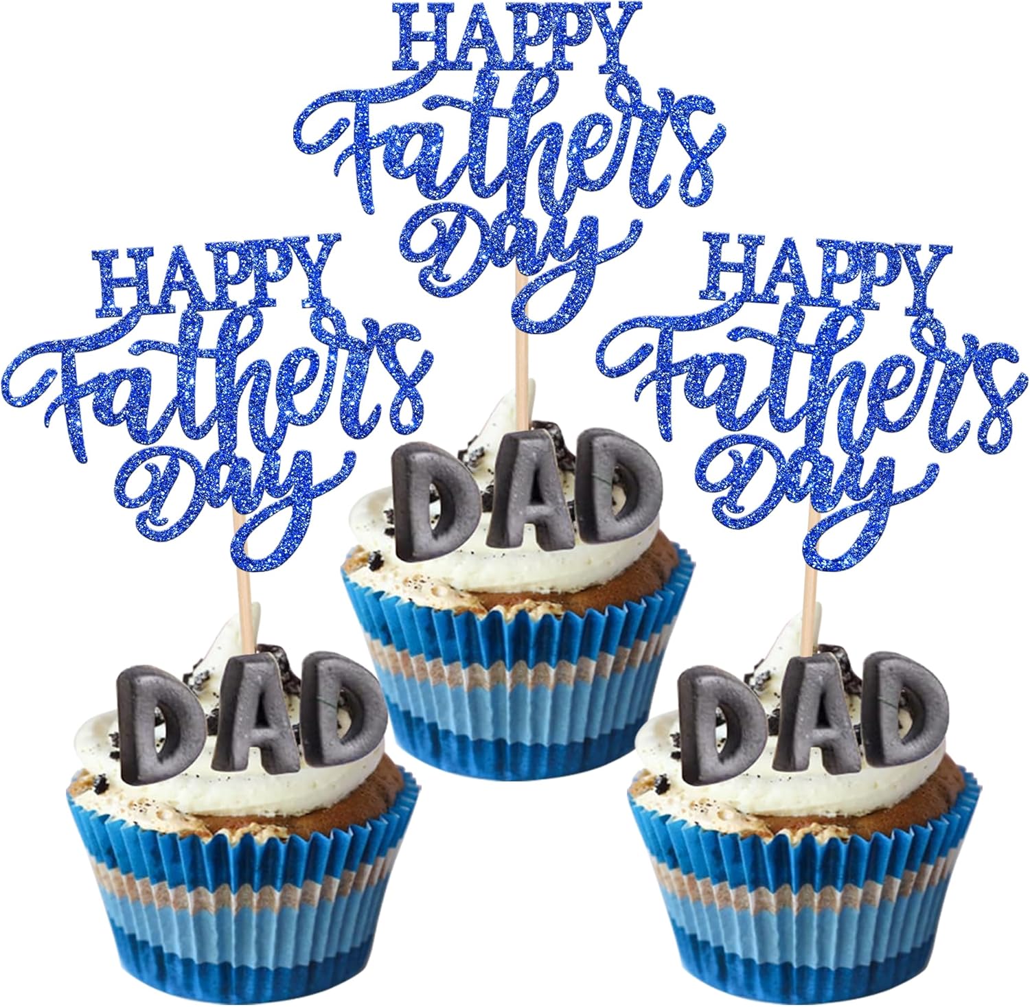 Rsstarxi 24 Pack Happy Father's Day Cupcake Toppers Glitter Love Daddy Best Father Super Dad Cupcake Picks for Happy Father's Day Birthday Party Cake Decorations Supplies Blue