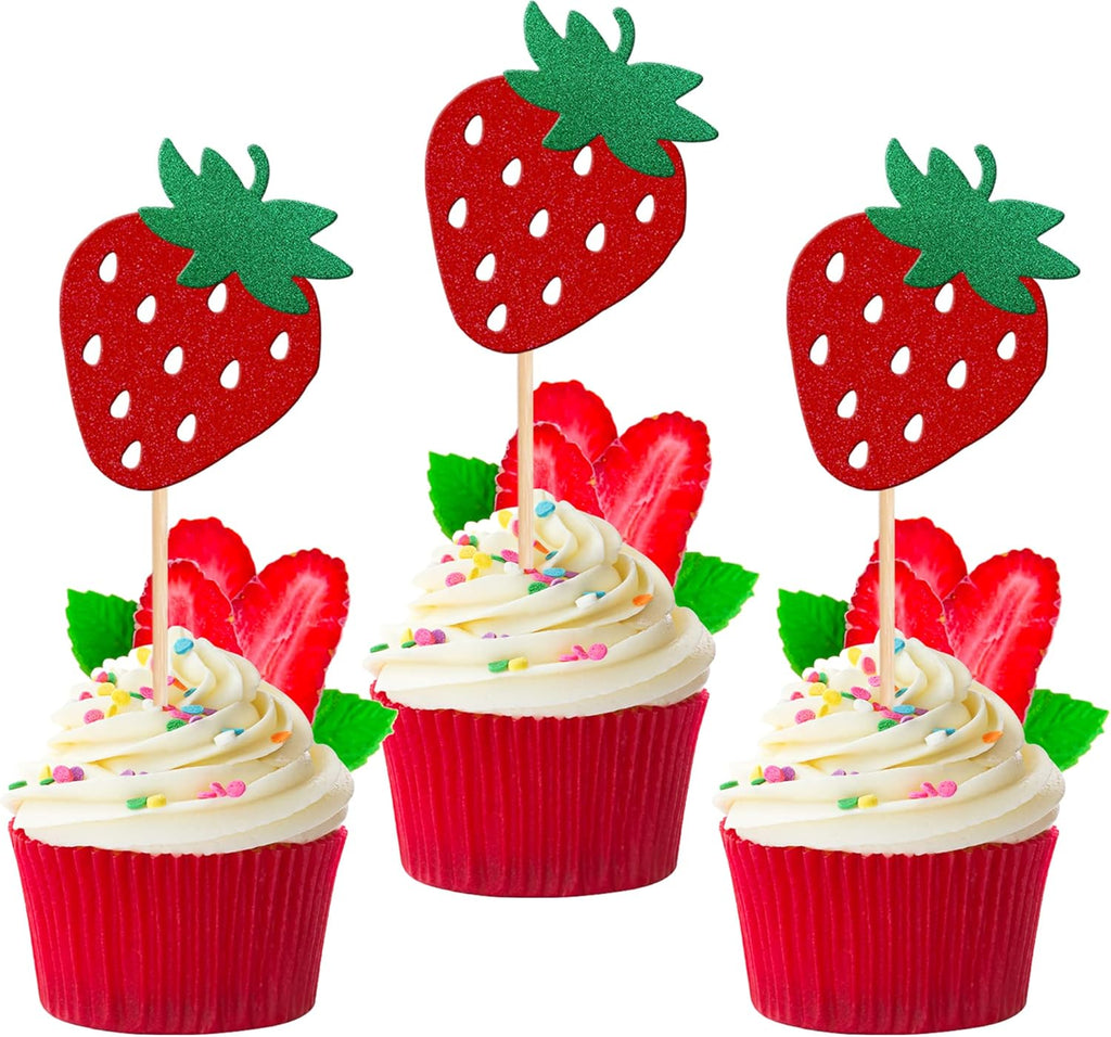 24 PCS Strawberry Cupcake Toppers Red Glitter Fruit Theme Berry Strawberry Cupcake Picks for Summer Sweet Fruit Baby Shower Kids Birthday Party Cake Decorations Supplies Red
