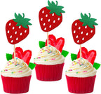 24 PCS Strawberry Cupcake Toppers Red Glitter Fruit Theme Berry Strawberry Cupcake Picks for Summer Sweet Fruit Baby Shower Kids Birthday Party Cake Decorations Supplies Red