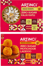 Artinci Sugar Free Kaju Katli (6Oz) & Motichoor Laddoo (6.5Oz) Combo, Low Carb Sweets, Desi Ghee Indian Mithai, Low GI