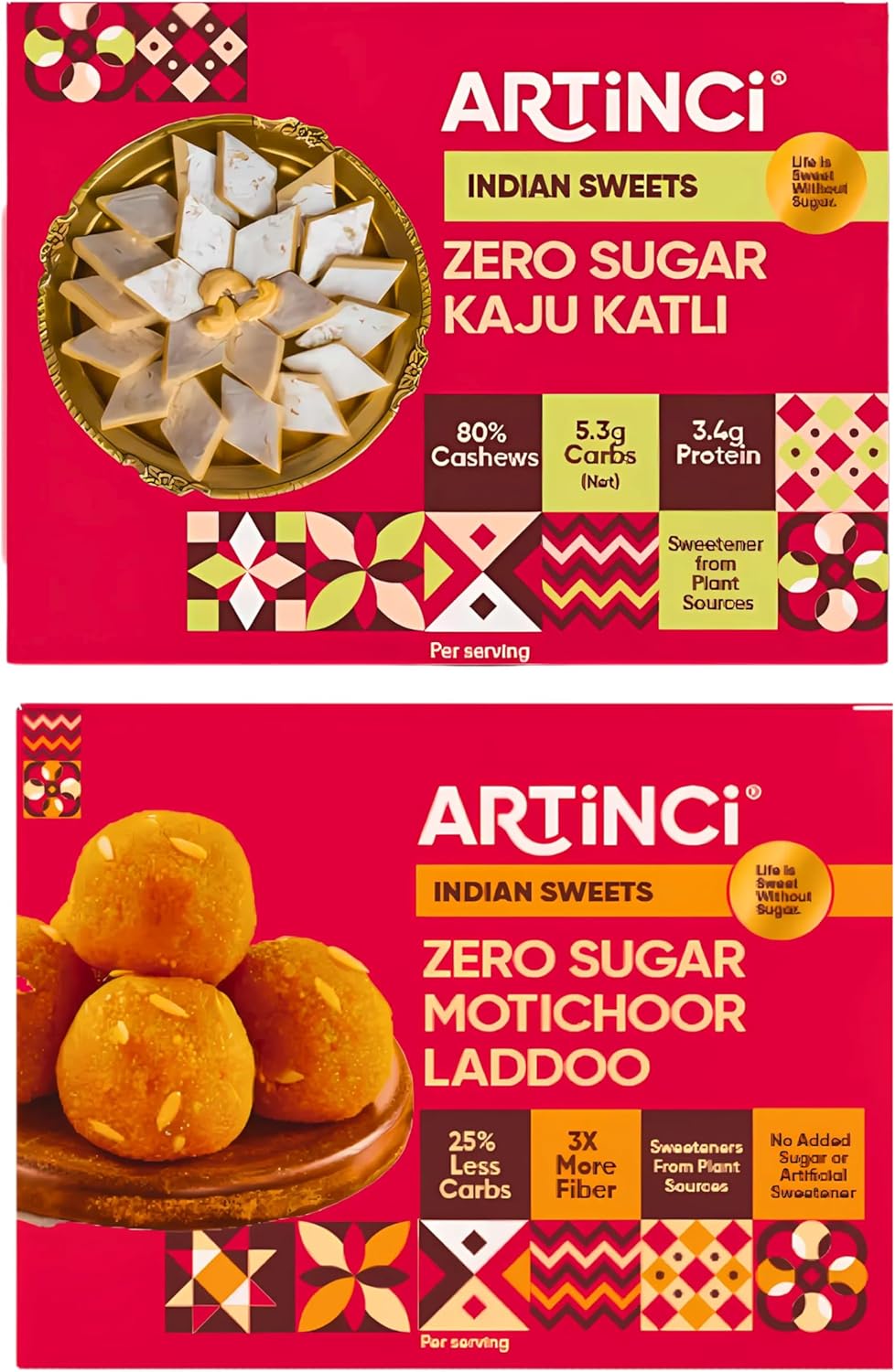 Artinci Sugar Free Kaju Katli (6Oz) & Motichoor Laddoo (6.5Oz) Combo, Low Carb Sweets, Desi Ghee Indian Mithai, Low GI