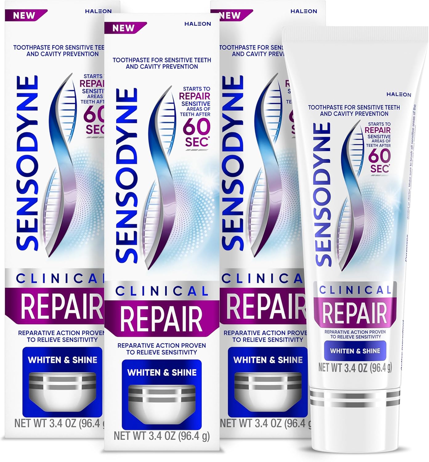 Sensodyne Clinical Repair Whiten & Shine Toothpaste for Sensitivity Relief, 3.4 oz (3 Pack)