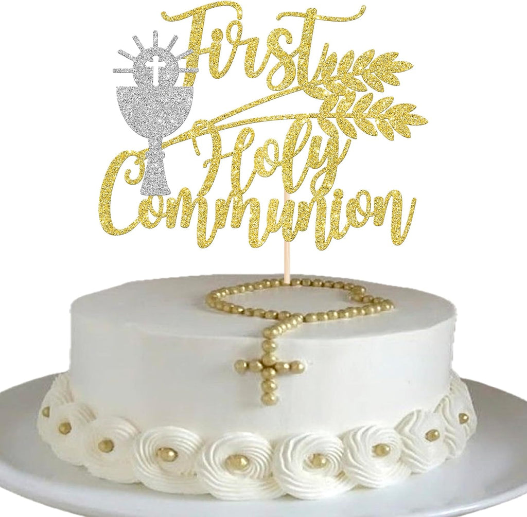 Rsstarxi 1 Pack First Communion Cake Topper Gold Glitter Silver Holy Grail Cross Christian Baptism Cake Pick for God Bless Baby Shower Bithday Party Cake Decorations Supplies