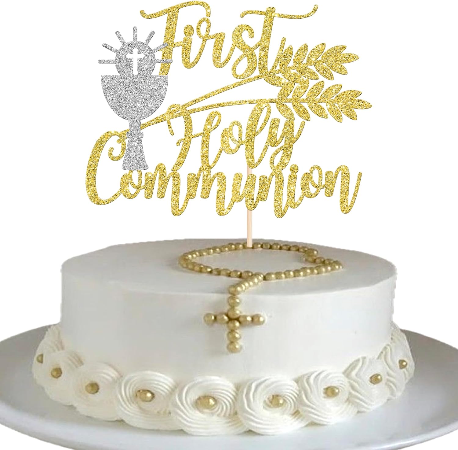 Rsstarxi 1 Pack First Communion Cake Topper Gold Glitter Silver Holy Grail Cross Christian Baptism Cake Pick for God Bless Baby Shower Bithday Party Cake Decorations Supplies