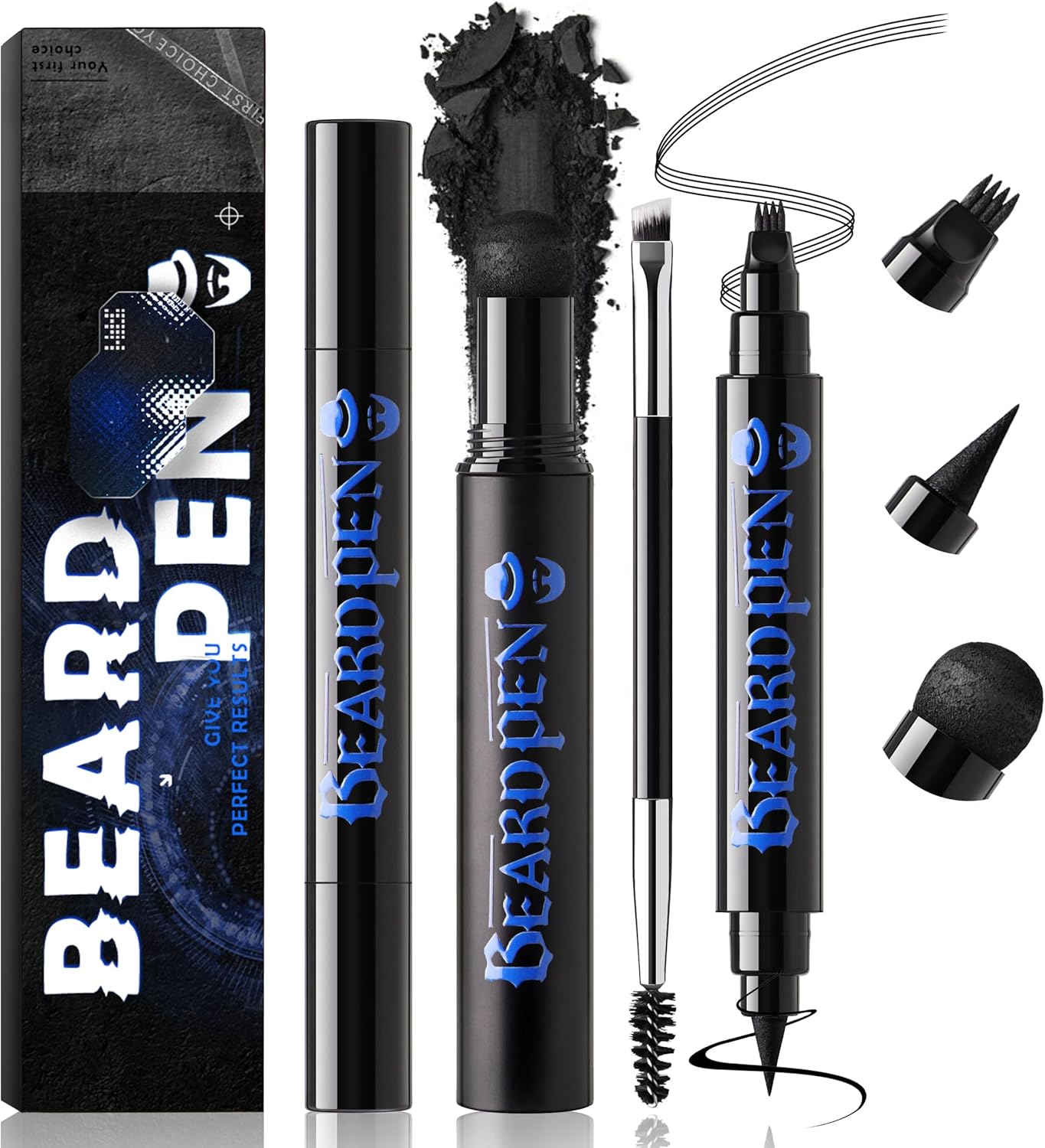 Noerrors Beard Pencil Kit Beard Filler Pen Dual End 4 Tips Beard Pen and Brush Set Hairline Moustache Eyebrows Beard Filling Shaping Styling Makeup Tools Waterproof Longlasting For Men #Black