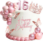 16th Birthday Cake Topper Set, Rose Gold Balls Cake Toppers with Happy Birthday Crown Tiara, Numeral 16 Candle and Birthday Candles for Sweet 16 Birthday Party Decorations (16th)