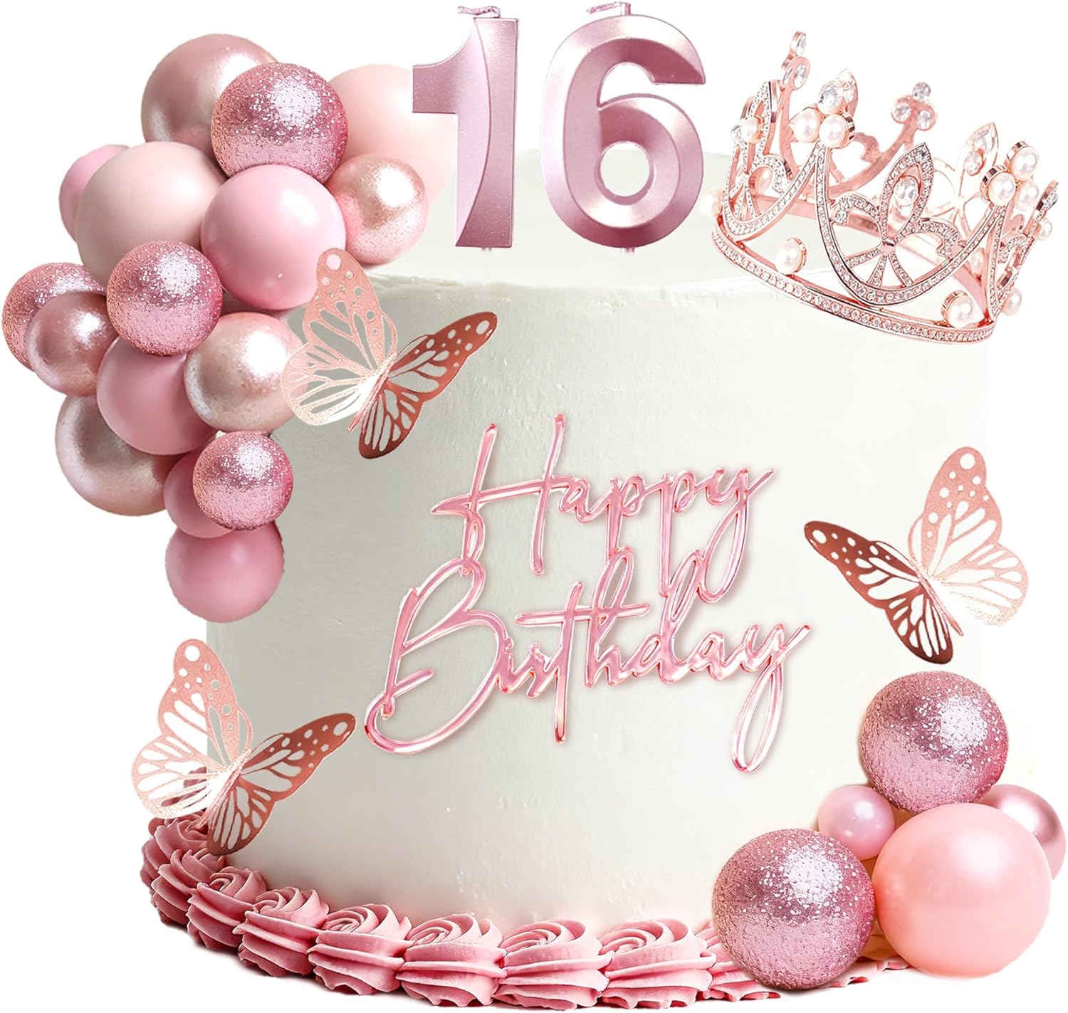 16th Birthday Cake Topper Set, Rose Gold Balls Cake Toppers with Happy Birthday Crown Tiara, Numeral 16 Candle and Birthday Candles for Sweet 16 Birthday Party Decorations (16th)