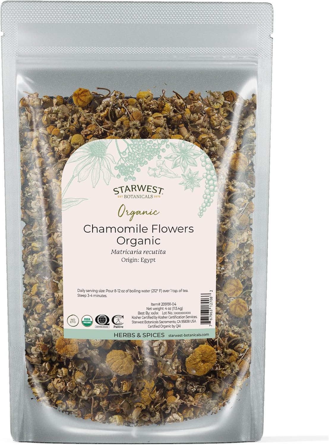 Starwest Botanicals Organic Chamomile Flowers Whole - Dried Loose Leaf Herb for Tea, Herbal Lotions, & Baking, Sourced from Egypt, Certified Kosher, Non-GMO - 4 oz Pouch