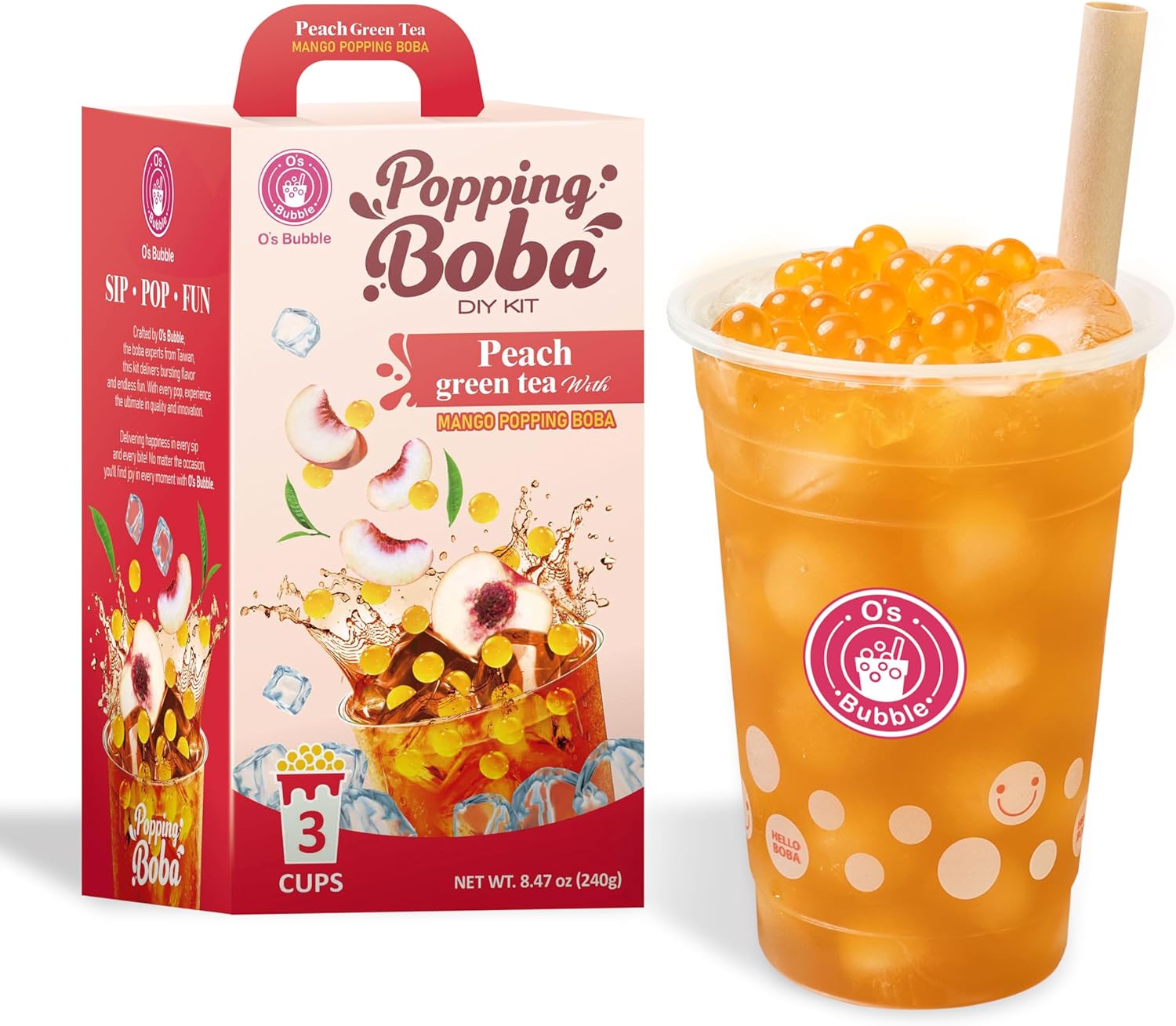 O’s Bubble Peach Green Tea – DIY Boba Kit with 3 Peach Syrup Packs & 3 Mango Popping Boba – Make Fruity Bubble Tea at Home – 3 Servings Included