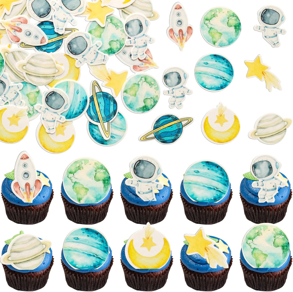 Ephlyn 54Pcs Edible Space Astronaut Cupcake Toppers Wafer Paper Planet Rocket Spaceship Trip to the Moon Star Cake Toppers Universe Outer Space Theme Birthday Party Anniversary Party Supplies Blue