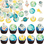 Ephlyn 54Pcs Edible Space Astronaut Cupcake Toppers Wafer Paper Planet Rocket Spaceship Trip to the Moon Star Cake Toppers Universe Outer Space Theme Birthday Party Anniversary Party Supplies Blue