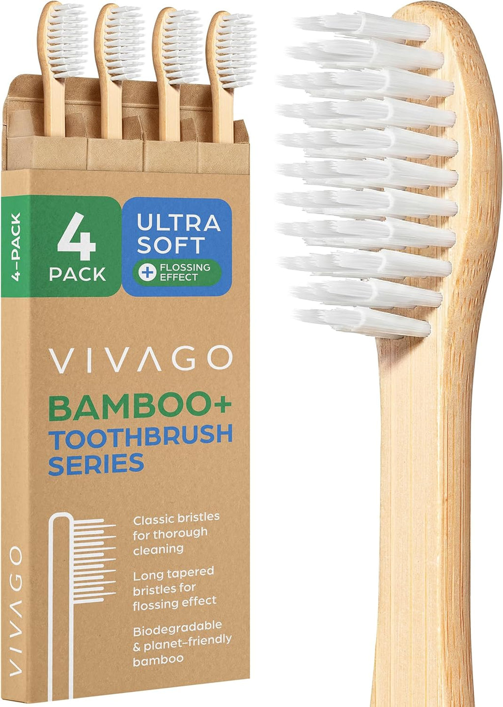 VIVAGO Bamboo Toothbrushes Extra Soft Bristles 4 Pack - Ultra Soft Toothbrushes for Adults - Eco-Friendly, Natural Wooden Toothbrush