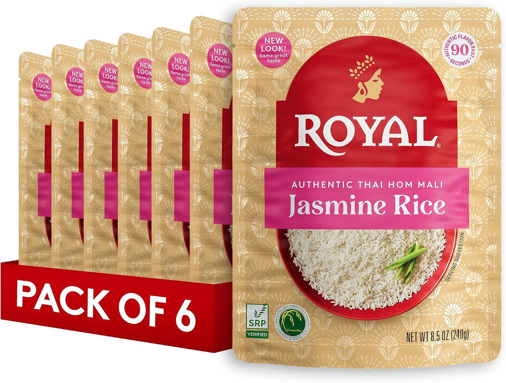 Royal Authentic Thai Hom Mali Jasmine Rice - Microwave Rice Dinner Side Dish - Ready to Heat Microwavable Pouch, 8.5 oz (Pack of 6)
