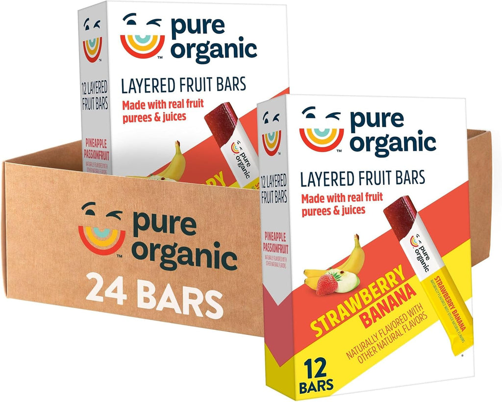 Pure Organic Layered Fruit Bars, Gluten Free, Vegan Fruit Snacks, Strawberry Banana (2 Boxes, 24 Bars)