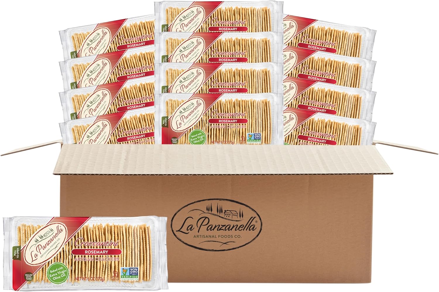 La Panzanella Croccantini, Rosemary Crackers (Pack of 12) - Light Artisanal Crackers, Charcuterie Crackers, Non-GMO, Kosher, 12 x 6 oz