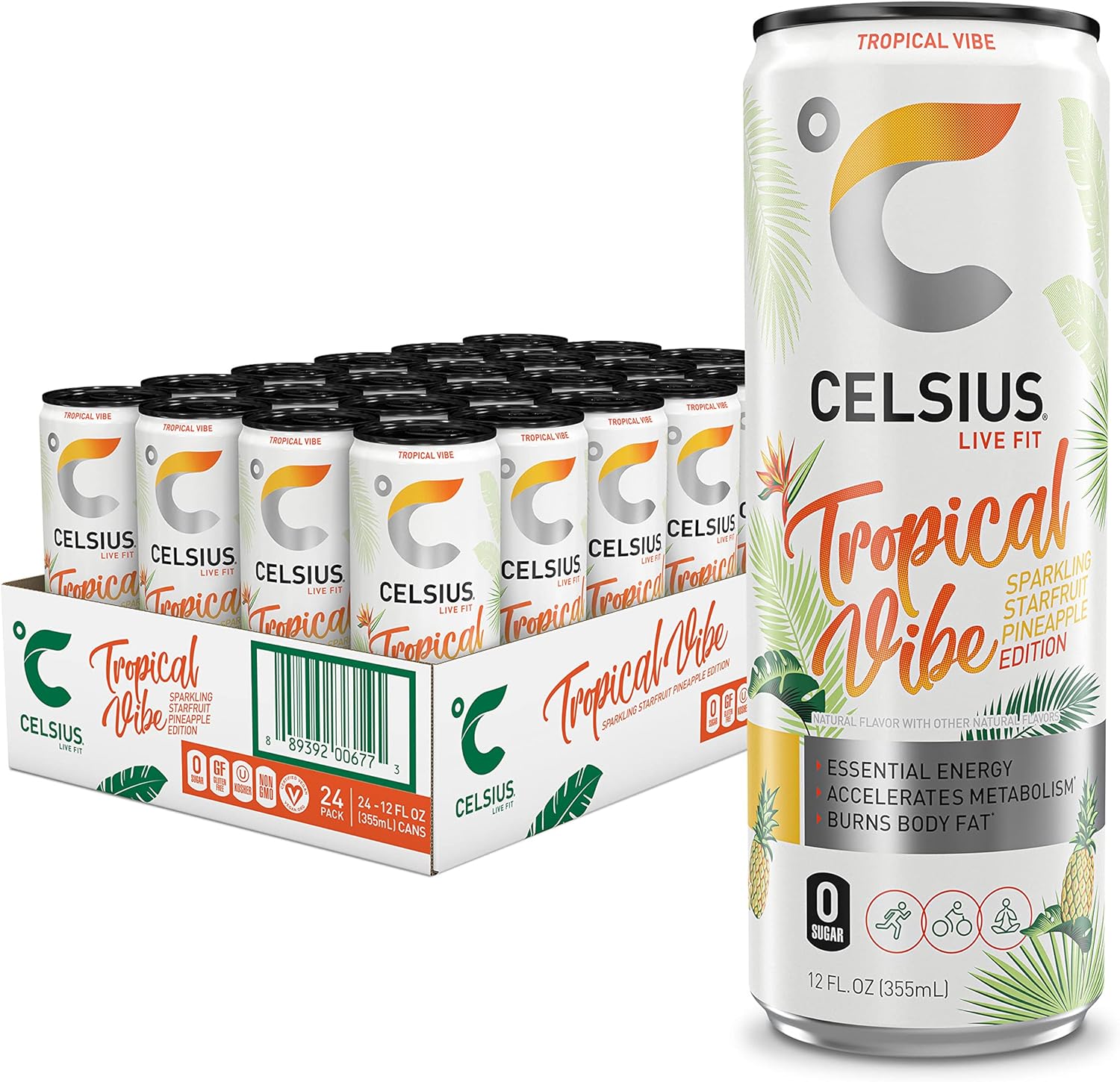 CELSIUS Sparkling Tropical Vibe, Functional Essential Energy Drink, 12 Fl Oz (Pack of 24)