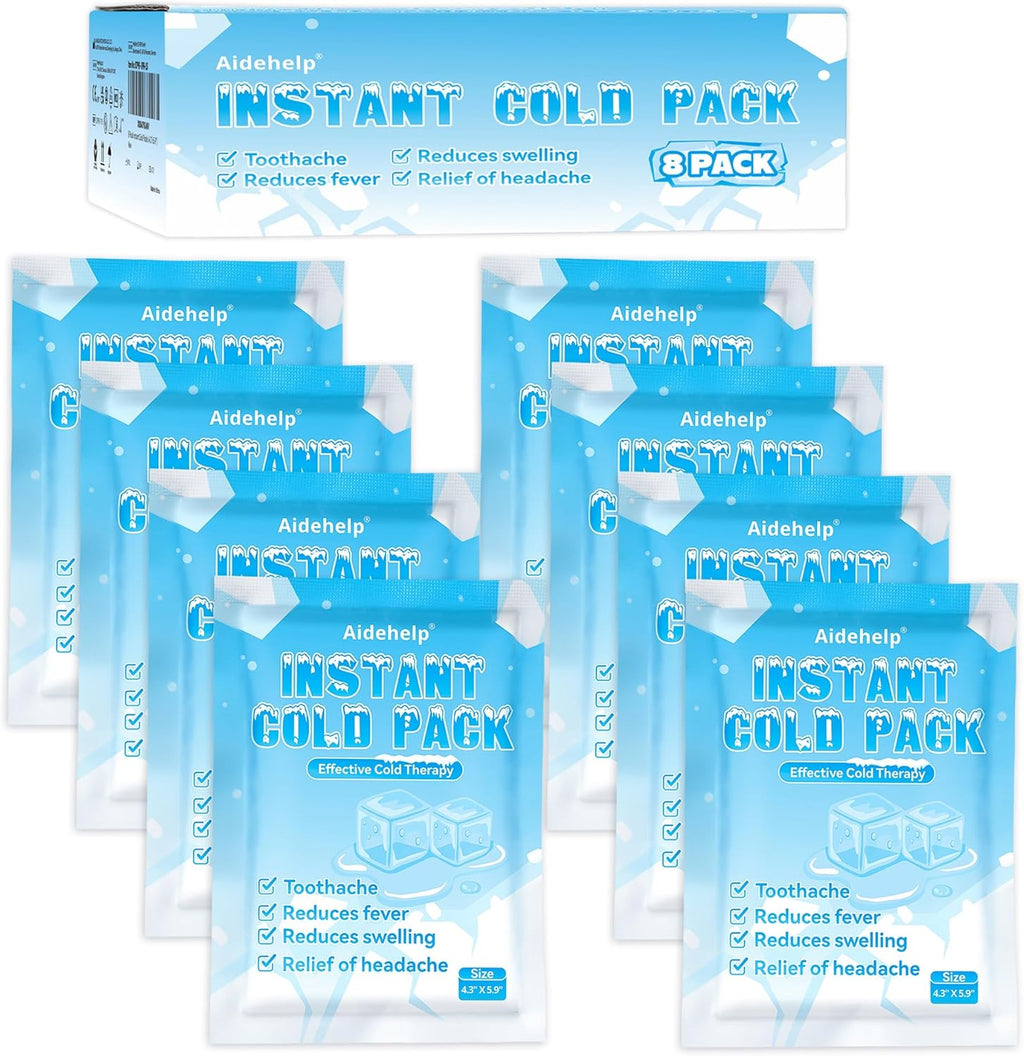 8 Pack Instant Cold Packs (4.3" x 5.9") - Disposable Ice Packs for Injuries | Cold Compress Ice Pack for Pain Relief, Swelling, Inflammation, Sprains, Toothache - Cold Pack for Athletes