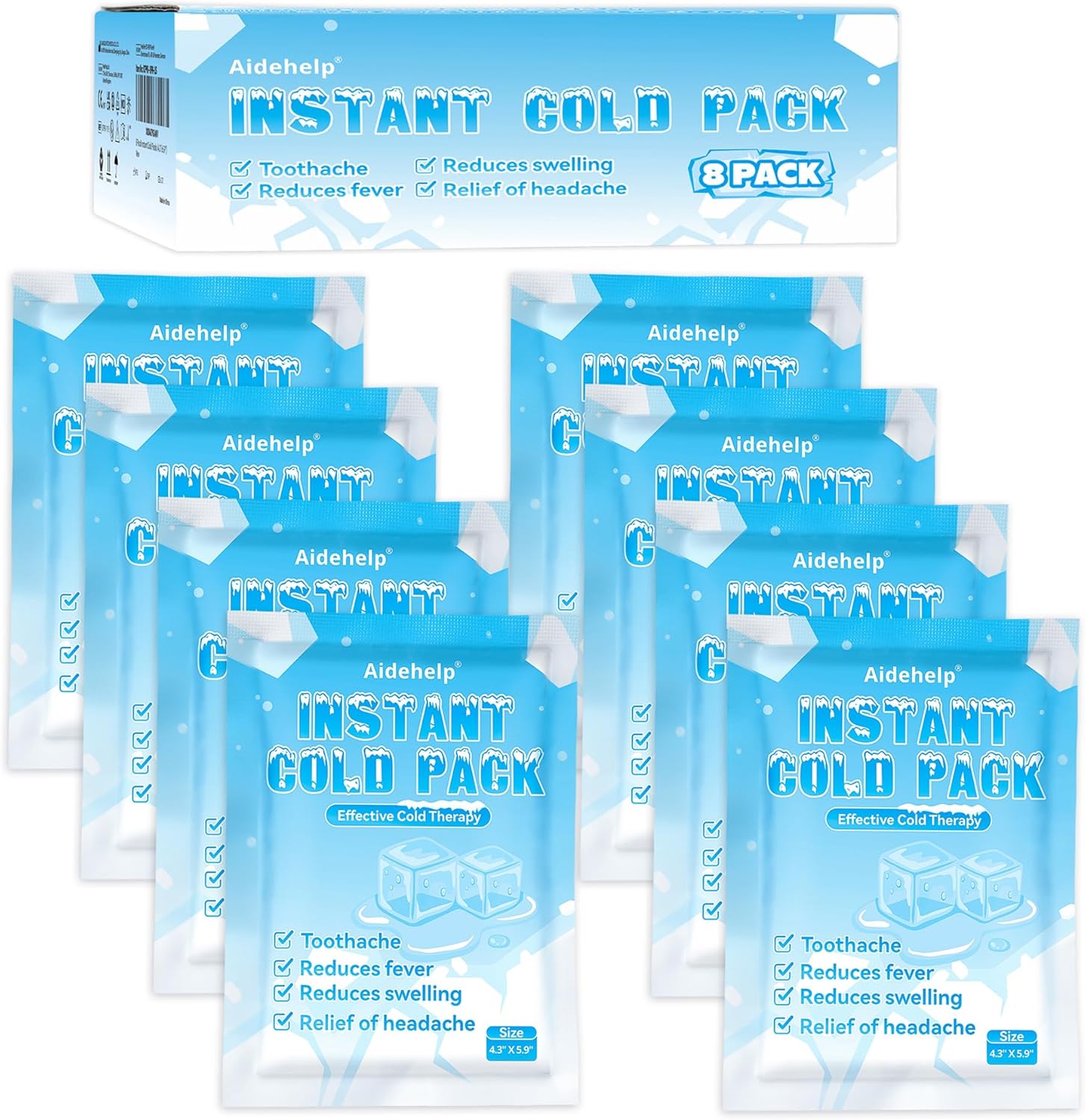 8 Pack Instant Cold Packs (4.3" x 5.9") - Disposable Ice Packs for Injuries | Cold Compress Ice Pack for Pain Relief, Swelling, Inflammation, Sprains, Toothache - Cold Pack for Athletes