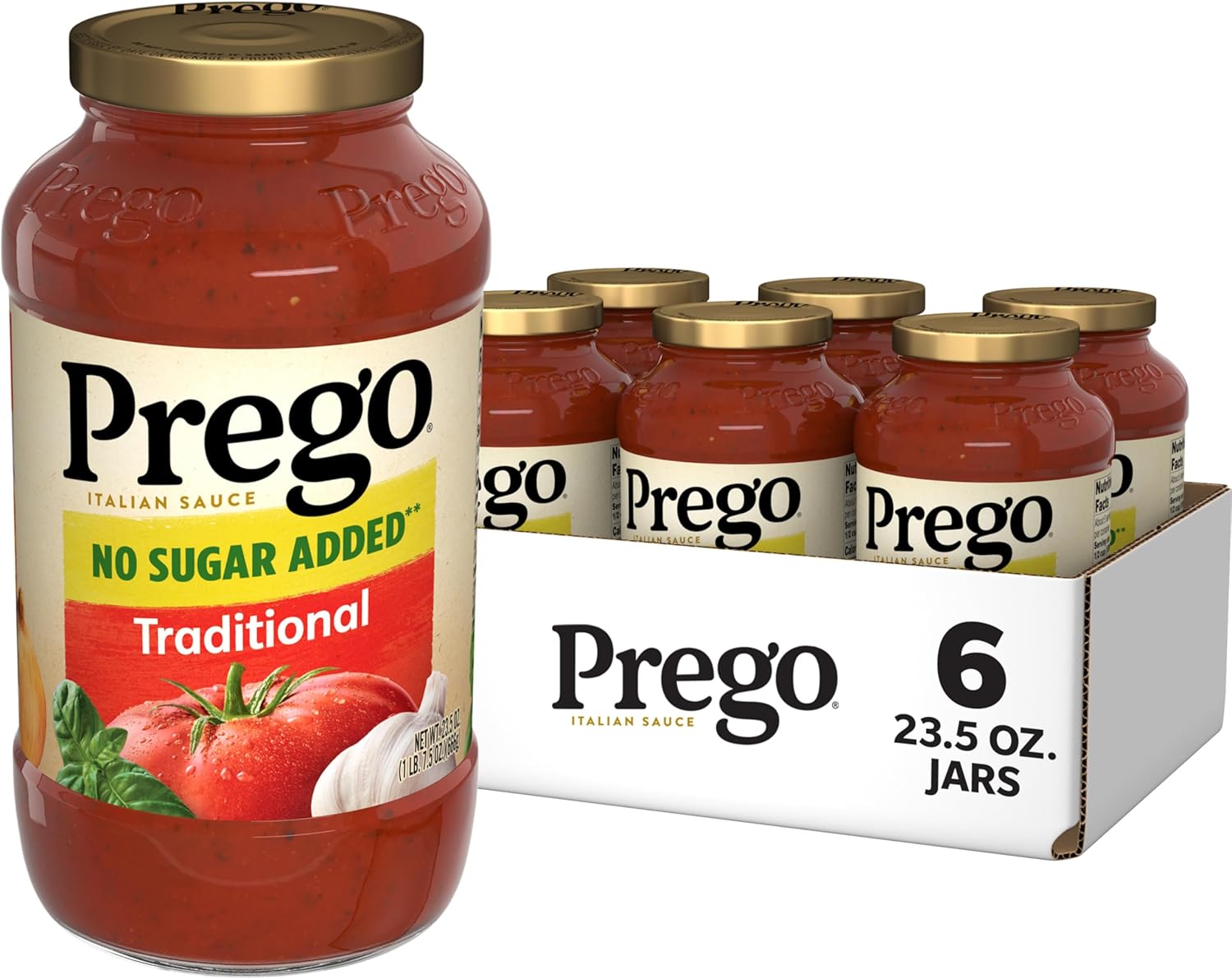 Prego Traditional No Sugar Added Pasta Sauce, 23.5 Oz Jar (Case of 6)