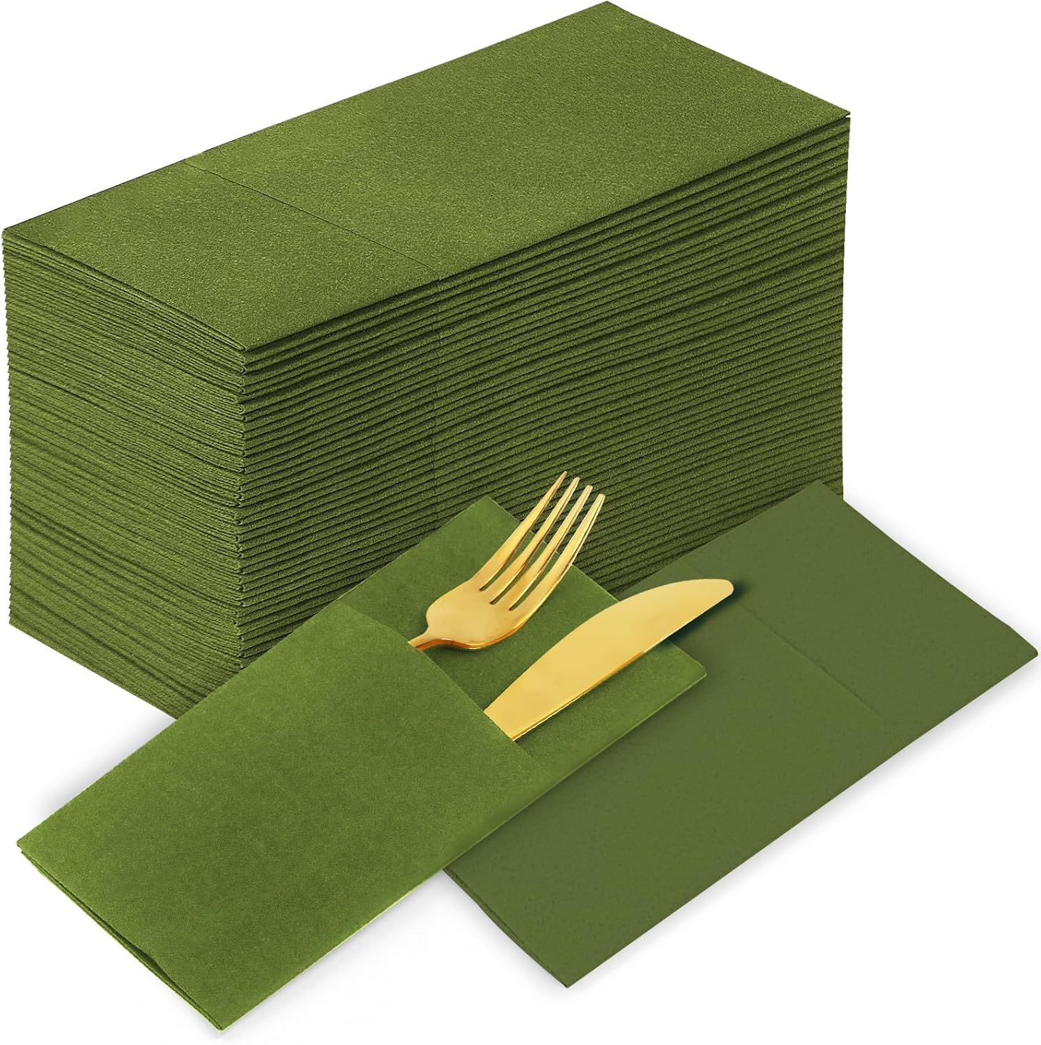 KAMMAK Matcha Green Napkins Disposable with Pocket Cloth Like Dinner Paper Napkins 100 Pack Folded Wedding Reception Napkin Bathroom Guest Hand Towels for Party Decoration (16.5 x 16.5 inch)