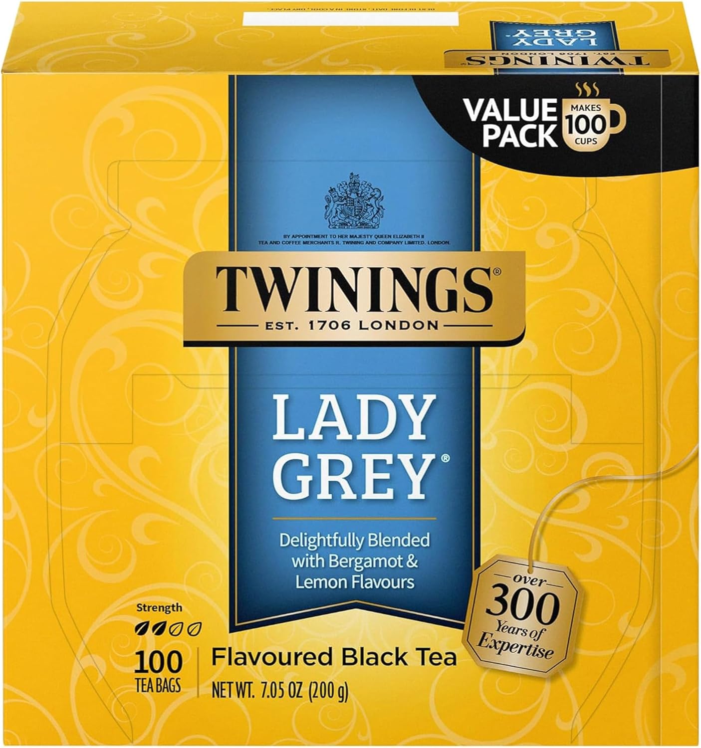 Twinings Lady Grey Black Tea Individually Wrapped Bags, 100 Count (Pack of 1), Orange Peel & Lemon Peel, Fresh and Uplifting, Caffeinated, Enjoy Hot or Iced, 100 Teabags