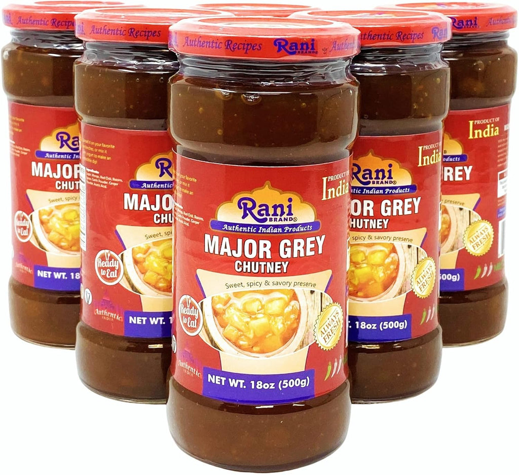 Rani Major Grey Mango Chutney (Indian Preserve) 18oz (1.1lbs) 500g Glass Jar, Ready to eat, Vegan, Pack of 5+1 FREE ~ Gluten Free, All Natural, NON-GMO