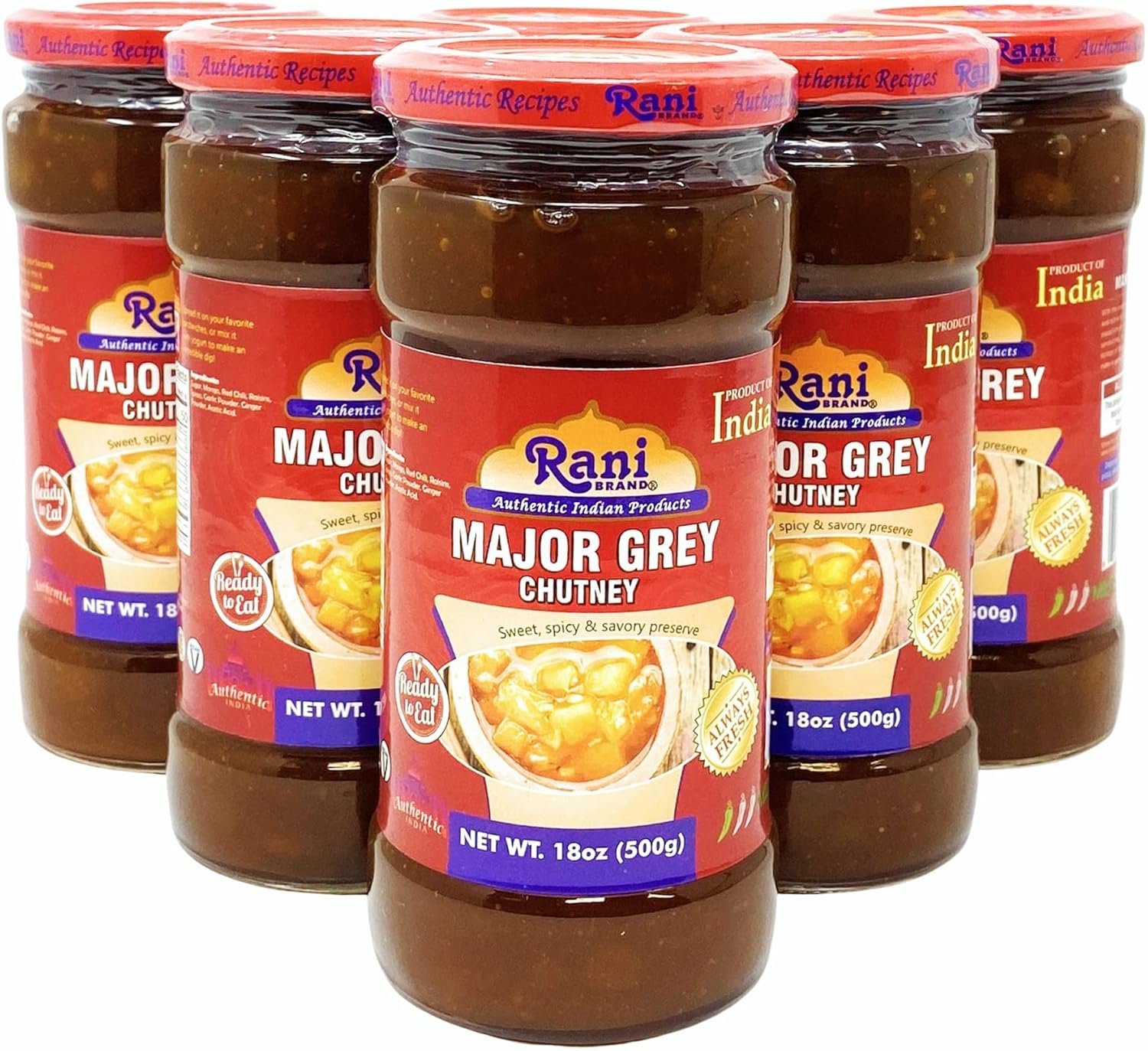 Rani Major Grey Mango Chutney (Indian Preserve) 18oz (1.1lbs) 500g Glass Jar, Ready to eat, Vegan, Pack of 5+1 FREE ~ Gluten Free, All Natural, NON-GMO