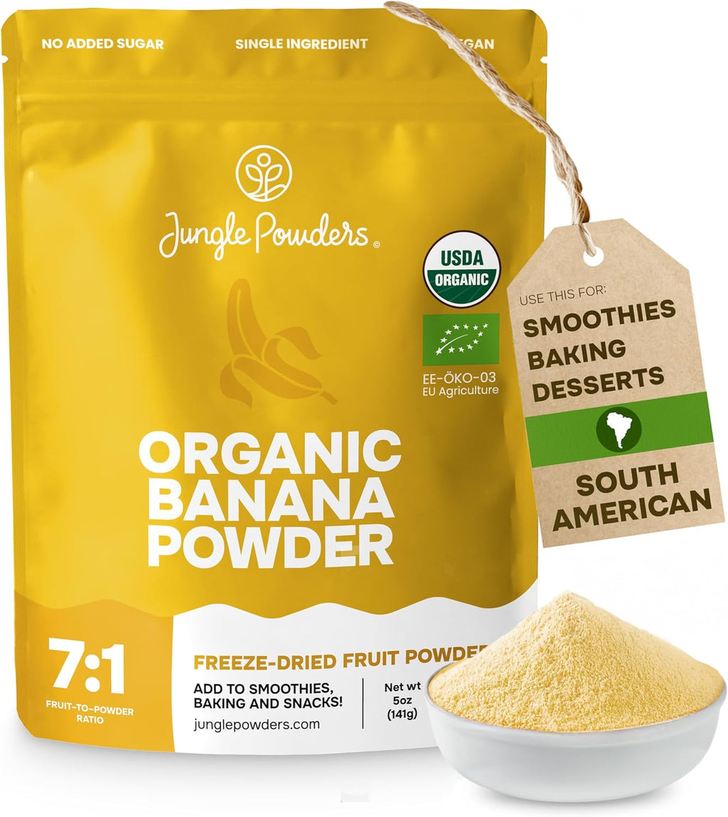 Jungle Powders Organic Banana Powder for Smoothies 5 Ounce Bag Freeze Dried Banana Powder Extract for Baking Flavoring Flakes Flour for Juice