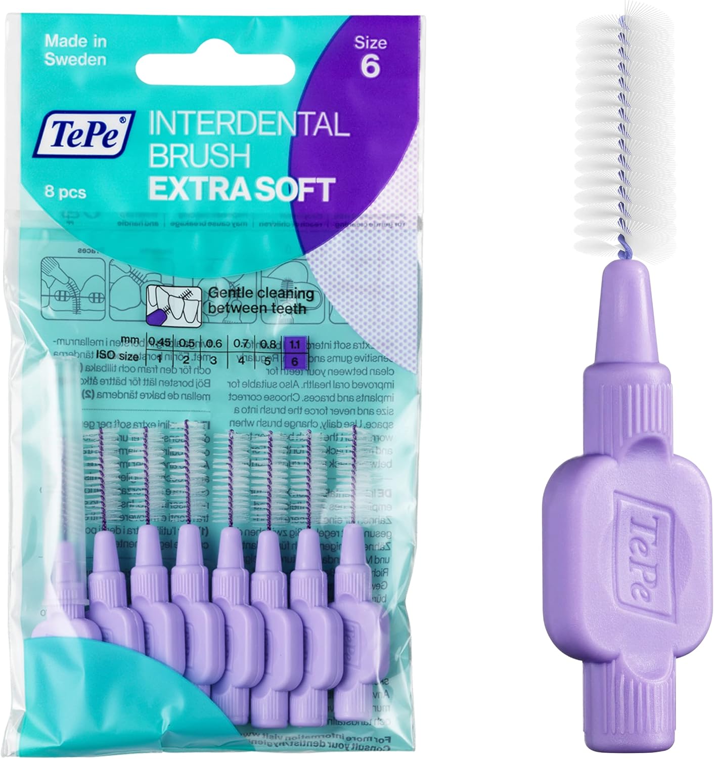 TePe Interdental Brush Extra Soft, Supersoft Dental Brush for Teeth Cleaning, Pack of 8, 1.1 mm, Large Gaps, Purple, Size 6